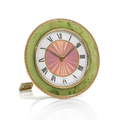 View full screen - View 1 of Lot 4. A jewelled pink gold and silver-mounted guilloché enamel nephrite desk clock, St Petersburg, 1908-1917.