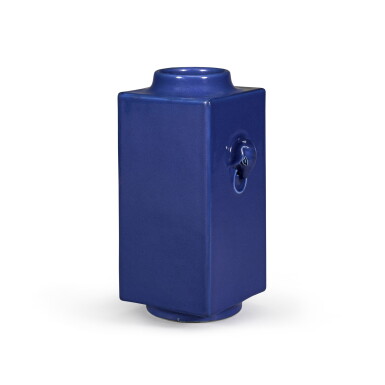 View full screen - View 1 of Lot 140. A blue-glazed square vase, cong Mark and probably the period of Daoguang | 或清道光 霽藍釉象耳琮式瓶.