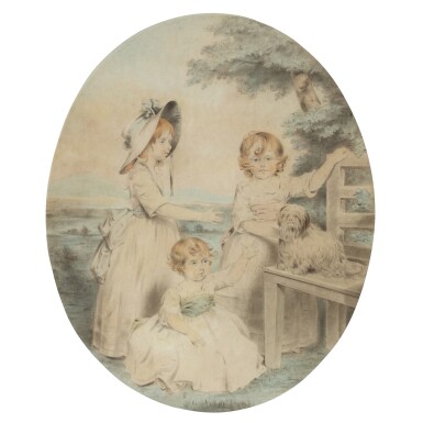 View full screen - View 1 of Lot 87. A group portrait of Lady Honora Elizabeth Hester Lambart (1784-1856), Lady Sophia Augusta Lambart (1787-1798), Lady Alicia Margaretta Hockmore Lambart (1785-1818) and their dog.