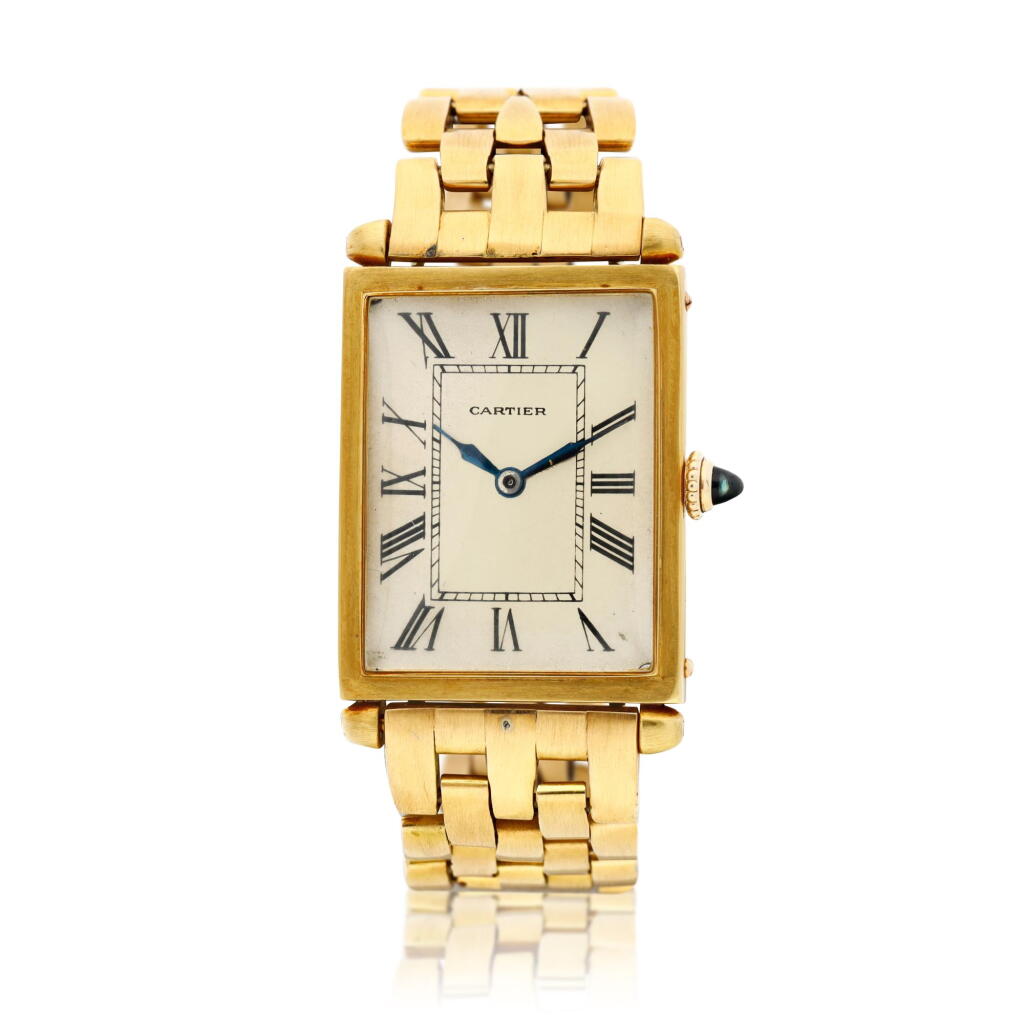 View full screen - View 1 of Lot 177. A large yellow gold rectangular wristwatch, Circa 1950.