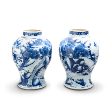 View full screen - View 1 of Lot 212. A pair of blue and white 'deer and crane' vases Qing dynasty, Kangxi period | 清康熙 青花鹿鶴同春圖罐一對.