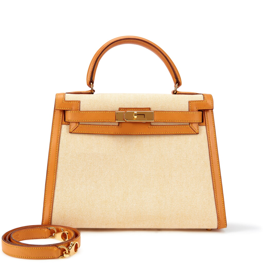 View full screen - View 1 of Lot 5547. Vintage Vache Naturelle and Ecru Toile Kelly 28 Sellier Gold Hardware, 1996.