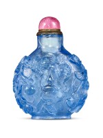 A carved blue glass 'gourds' snuff bottle Qing dynasty, Qianlong mark | 清 透明淺藍料刻瓜瓞綿綿鼻煙壺 《乾隆年製》款