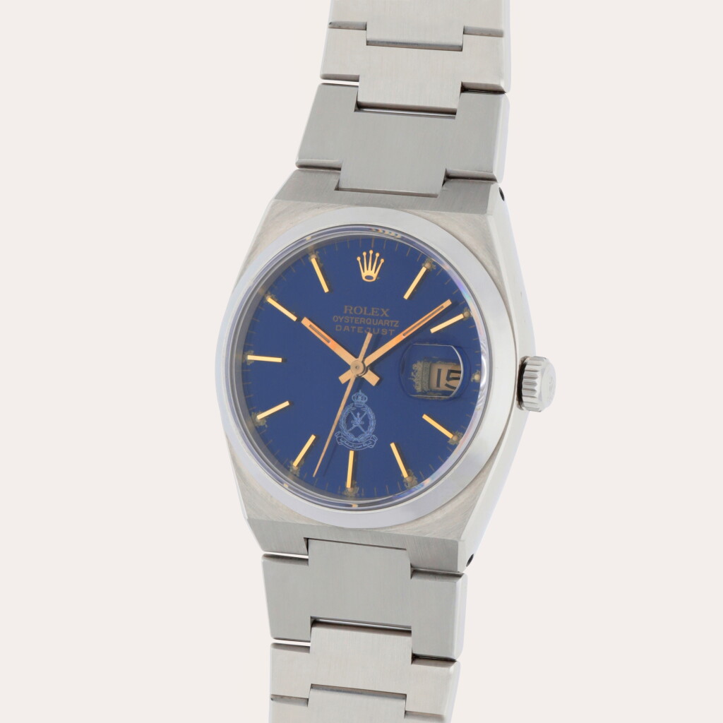 View full screen - View 1 of Lot 326. Oysterquartz Datejust, Reference 17000 | A stainless steel wristwatch with date and bracelet made for the Royal Oman Police | Circa 1981.