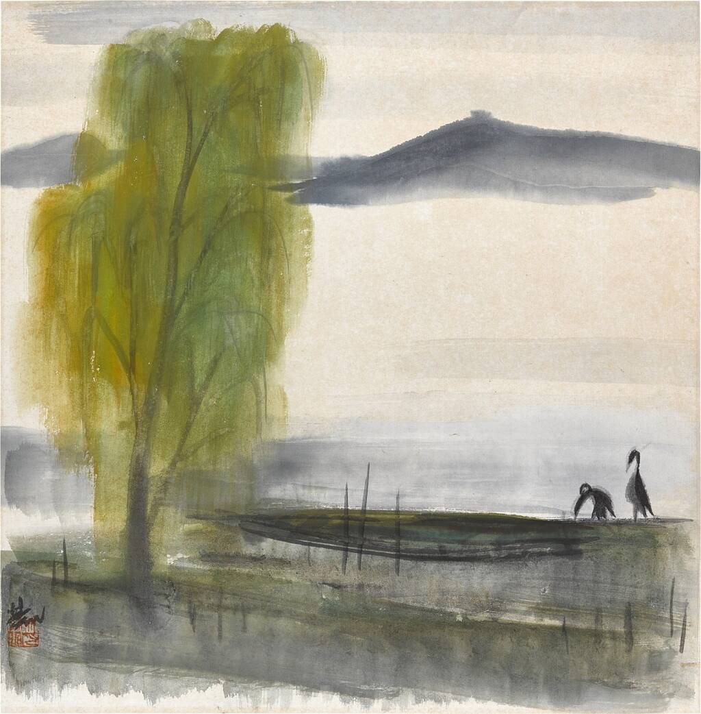View full screen - View 1 of Lot 2581. 林風眠 春塘鷺鷀 | Lin Fengmian, Cormorants by Spring Pond.