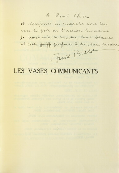 View full screen - View 1 of Lot 221. Les Vases communicants. 1932. Envoi de Breton à Char. "Tirage à part pour les amis" sur papier jaune.