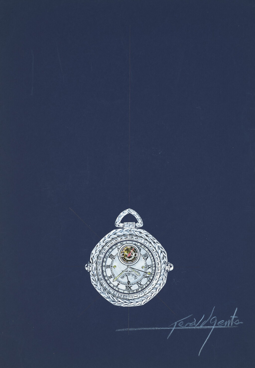 View full screen - View 1 of Lot 15. An original prototype design of a grand complication grande sonnerie openface watch, painted by Gérald Genta, with accompanying NFT, Circa 1994 | 傑洛・尊達 一幅 Grand Complication 大報時懷錶原型設計圖,由傑洛・尊達繪製並附帶 NFT 証書,約1994年製.