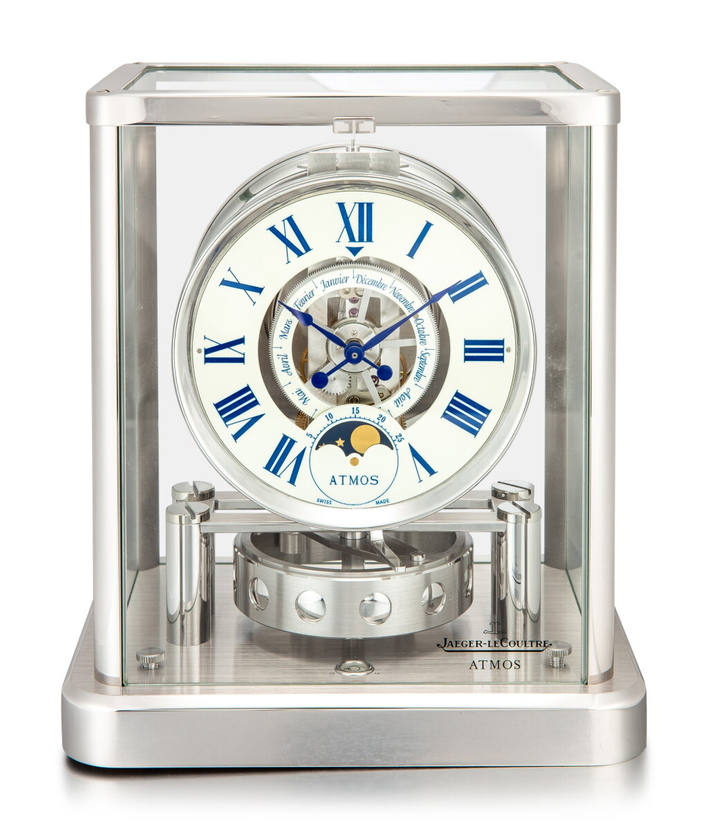 View full screen - View 1 of Lot 110. JAEGER-LECOULTRE | ATMOS CLASSIQUE PHASES DE LUNE, REFERENCE 5112202, A RHODIUM-PLATED BRASS ATMOS CLOCK WITH MONTH AND MOON PHASES, CIRCA 2010.