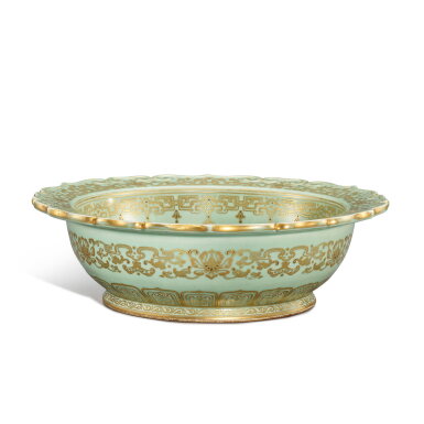 View full screen - View 1 of Lot 3644. A very rare moulded and gilt and silver-decorated celadon-glazed barbed basin, Seal mark and period of Qianlong | 清乾隆 粉青釉凸花描金銀萬壽吉慶折沿菱口盆 《大清乾隆年製》款.