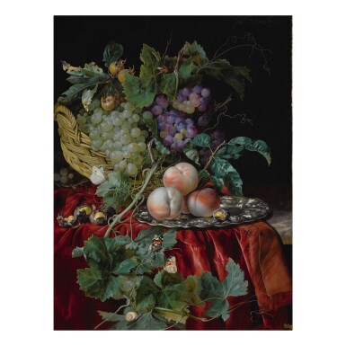 View full screen - View 1 of Lot 36. Still life with grapes in a basket, peaches on a silver dish, medlars, two butterflies, a fly and a snail, all on a red velvet cloth over a partially draped ledge.