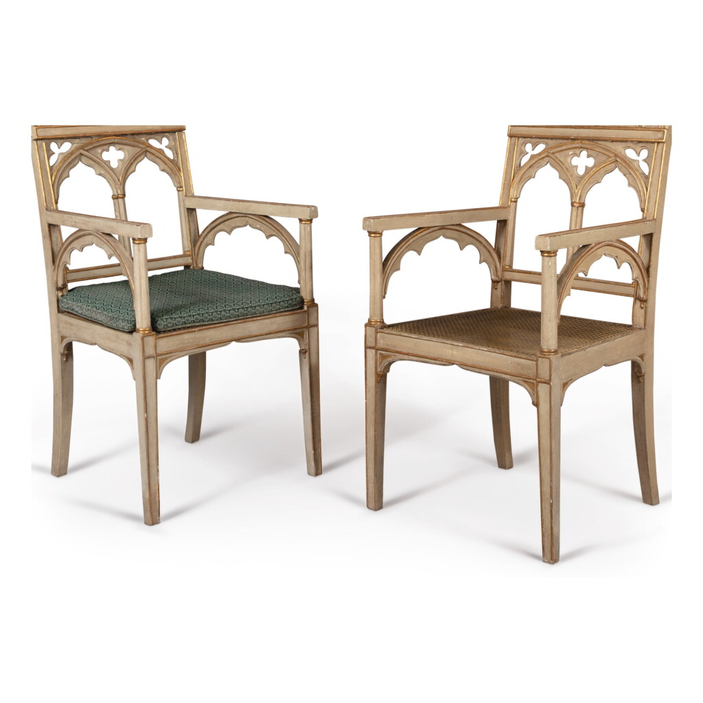 View full screen - View 1 of Lot 757. A PAIR OF WHITE PAINTED AND PARCEL GILT NEO-GOTHIC CANED ARMCHAIRS, MID-19TH CENTURY.