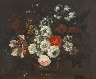 View full screen - View 1 of Lot 201. Still life of carnations, tulips, roses and other flowers in a gilt urn.