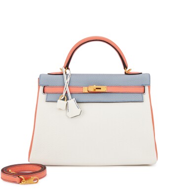 View full screen - View 1 of Lot 1593. Flamingo, White and Bleu Lin Clémence HSS Kelly 32 Retourné Brushed Gold Hardware, 2014.