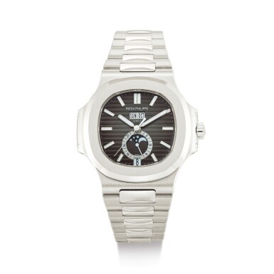 View full screen - View 1 of Lot 2067. PATEK PHILIPPE | NAUTILUS, REFERENCE 5726 A STAINLESS STEEL ANNUAL CALENDAR BRACELET WATCH WITH MOON PHASES AND 24 HOURS INDICATION, CIRCA 2018" | 百達翡麗 | Nautilus 型號5726 精鋼年曆鏈帶腕錶,備月相及24小時顯示,機芯編號7162869,錶殼編號6265340,約2018年製".