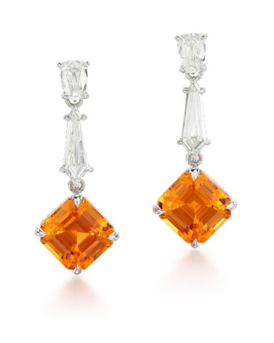 View full screen - View 1 of Lot 321. PAIR OF SPESSARTINE GARNET AND DIAMOND EARRINGS.