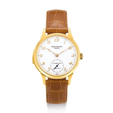View full screen - View 1 of Lot 2289. PATEK PHILIPPE | REFERENCE 3939, THE SECOND WATCH MADE A YELLOW GOLD MINUTE REPEATING TOURBILLON WRISTWATCH WITH ENAMEL DIAL AND BREGUET NUMERALS, MADE IN 1992 " | 百達翡麗 | 型號3939,為型號生產第二枚 黃金三問陀飛輪腕錶,備琺瑯錶盤及寶璣數字,機芯編號1903002,錶殼編號2906860,1992年製".