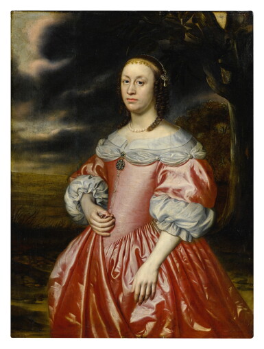 View full screen - View 1 of Lot 38. Portrait of a lady in a pink dress, three-quarter length.