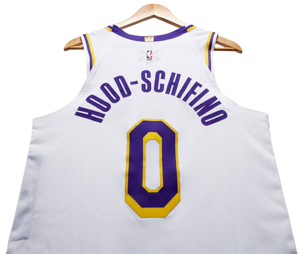 View full screen - View 1 of Lot 7. Jalen Hood-Schifino Christmas Day Los Angeles Lakers 2023-2024 Game Worn Association Edition Jersey.