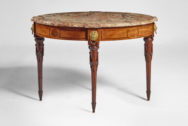 View full screen - View 1 of Lot 727. A Louis XVI Gilt-Bronze-Mounted Indian Rosewood and Boxwood Inlaid Mahogany Center Table, Circa 1785.