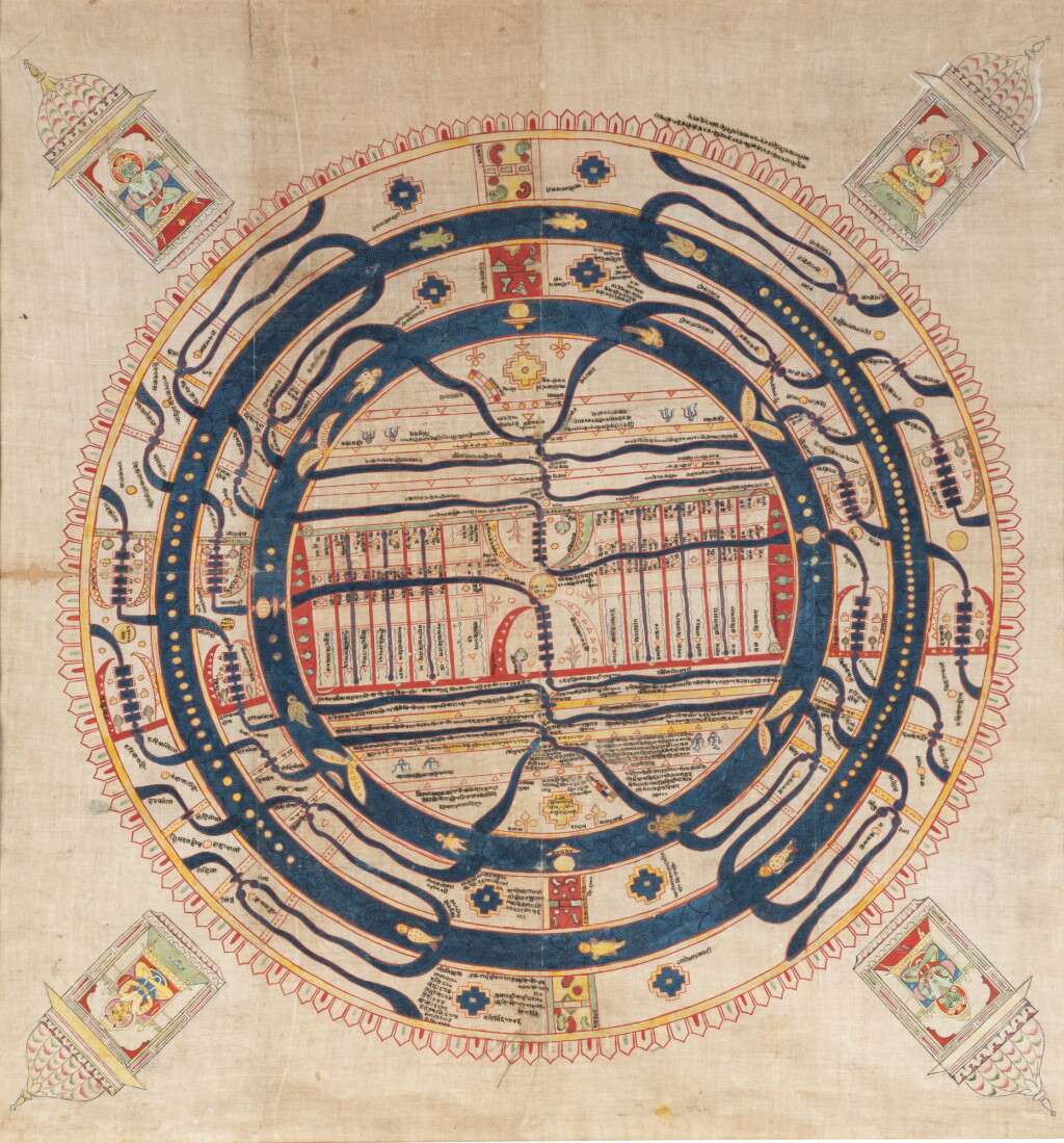 View full screen - View 1 of Lot 25. A large Jain cosmic diagram, Western India, 19th century | 西印度 十九世紀 耆那宇宙圖表 設色布本.