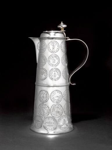 View full screen - View of The Rothschild Flagon: a rare German silver Chevra Kadisha silver flagon.