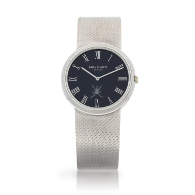 View full screen - View 1 of Lot 8096. Patek Philippe | Reference 3606, A white gold bracelet watch, Made for the Sultanate of Oman, Made in 1973 | 百達翡麗 | 型號 3606 白金鏈帶腕錶,為阿曼之蘇丹王而製,1973年製.