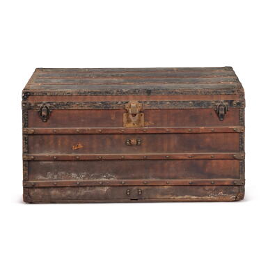View full screen - View 1 of Lot 72. Vintage Striped Canvas Leather Steamer Trunk, Late 19th Early 20th Century.