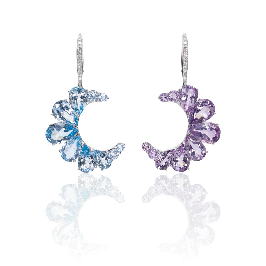 View full screen - View 1 of Lot 14. PAIR OF AMETHYST, BLUE TOPAZ AND DIAMOND EARRINGS, MICHELE DELLA VALLE.