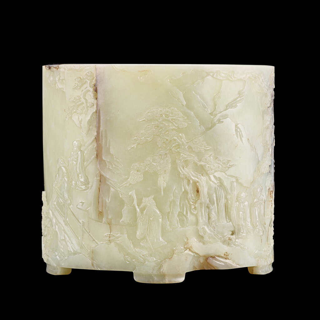 View full screen - View 1 of Lot 3614. A finely carved white jade 'Five Elders' brushpot Mark and period of Qianlong | 清乾隆 白玉五老觀潮圖筆筒 《乾隆年製》款.