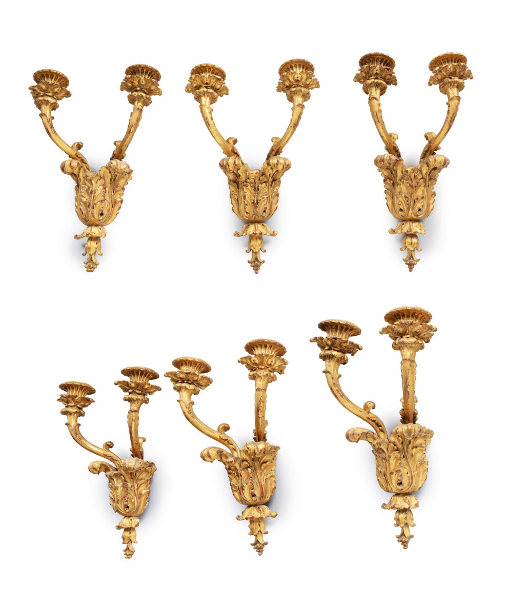 View full screen - View 1 of Lot 144. A set of six neoclassical style carved and giltwood appliques, probably Italian, late 19th century .