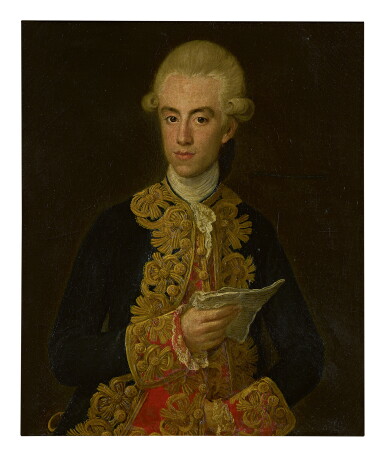 View full screen - View 1 of Lot 283. ITALIAN SCHOOL, 18TH CENTURY | PORTRAIT OF A GENTLEMAN, HALF LENGTH, IN A THREE PIECE SUIT WITH GOLDEN EMBROIDERY HOLDING A LETTER.