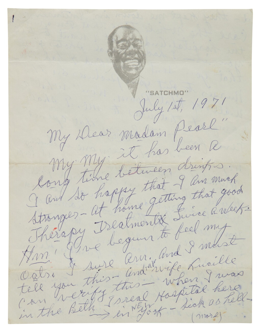 View full screen - View 1 of Lot 120. Armstrong, Louis | One of Armstrong's last letters: a warm and intimate letter written to his close friend Pearl Bailey.