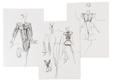 View full screen - View 1 of Lot 50. Three original sketches for fashion | Trois croquis de mode originaux.