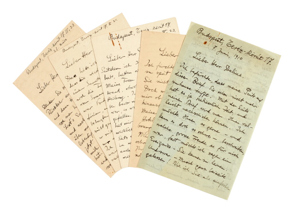 View full screen - View 1 of Lot 6. B. Bartók, 5 autograph letters to Frederick Delius, about the influence of folk music on his works, 1910-1911.