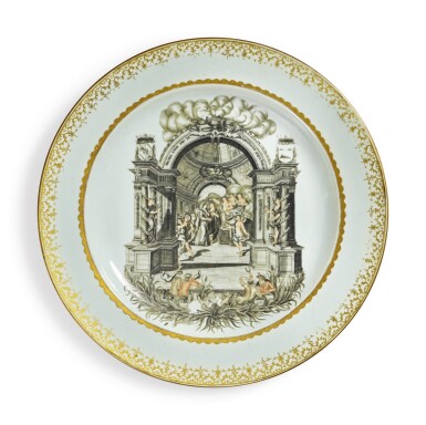 View full screen - View 1 of Lot 461. A Rare and Large Chinese Export Grisaille-deccorated 'Marraige' Plate for the Dutch Market, Qing Dynasty, Qianlong Period, circa 1740 | 清乾隆 約1740年 墨彩描金西洋人物故事圖大盤.