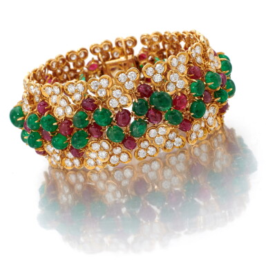 View full screen - View 1 of Lot 79. M. GERARD | EMERALD, RUBY AND DIAMOND BRACELET (BRACCIALE IN SMERALDI, RUBINI E DIAMANTI).