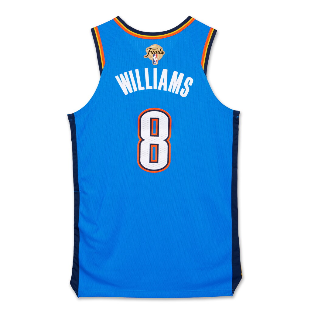View full screen - View 1 of Lot 5. Jalen Williams Oklahoma City Thunder 2025 NBA Finals Game Worn Icon Edition Jersey | Game 2 | ‘Championship Run’ | 3rd Team All-NBA.