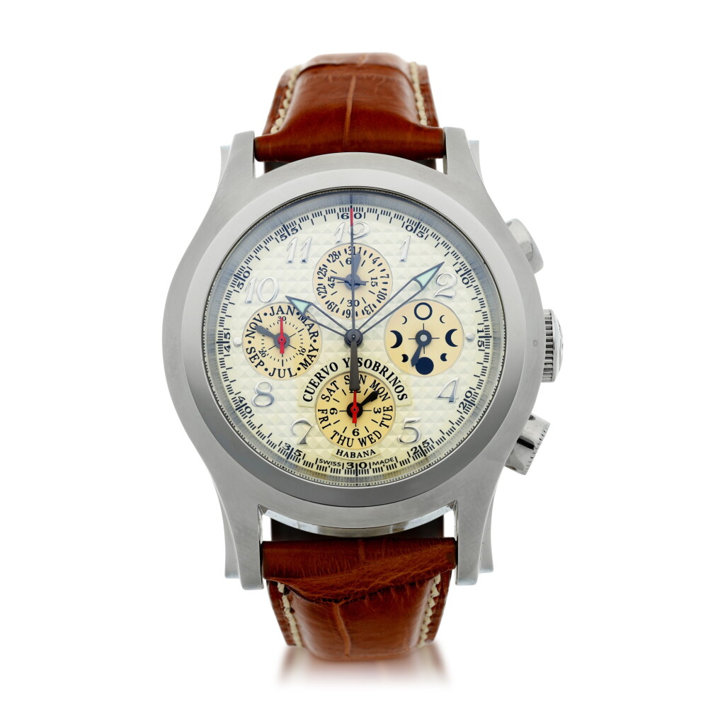 View full screen - View 1 of Lot 122. CUERVO Y SOBRINOS | REFERENCE 2859 ROBUSTO A STAINLESS STEEL AUTOMATIC TRIPLE CALENDAR WRISTWATCH WITH CHRONOGRAPH AND MOON PHASES, CIRCA 2007.