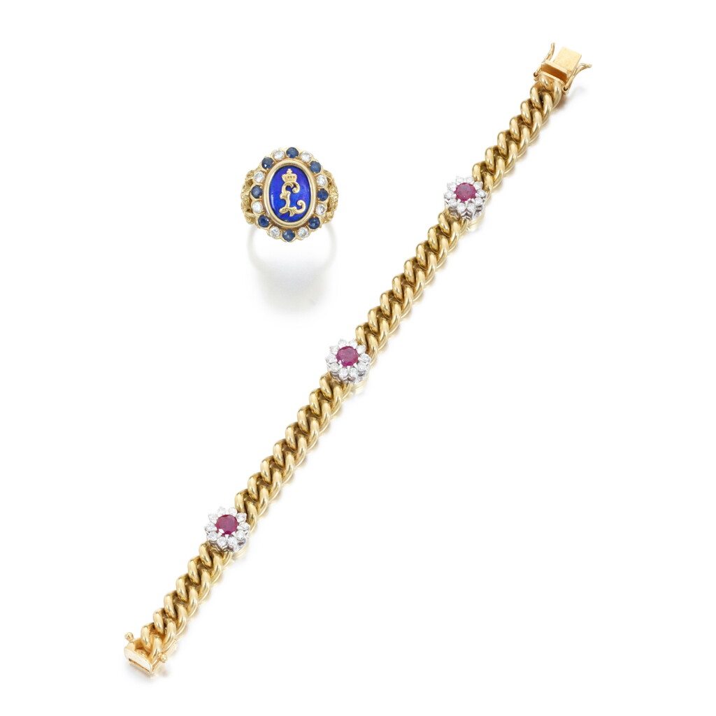View full screen - View 1 of Lot 624. Gold, Ruby and Diamond Bracelet and an Enamel, Sapphire and Diamond Ring.