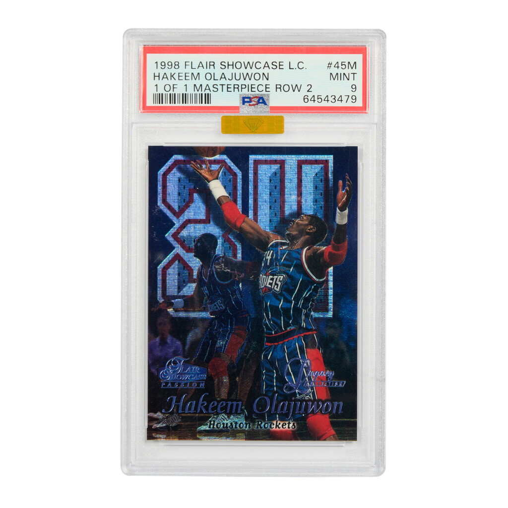 View full screen - View 1 of Lot 45. Hakeem Olajuwon 1998-99 Flair Showcase Legacy Collection 1 of 1 Masterpiece Row 2 #45M PSA 9 | 1 of 1 | MBA Gold Diamond.