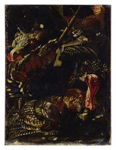 View full screen - View 1 of Lot 1035. JAQUES VAN DE KERCKHOVE, CALLED GIACOMO DA CASTELLO | A GROUP OF FOWL CAPTIVE AS HUNTING GAME.