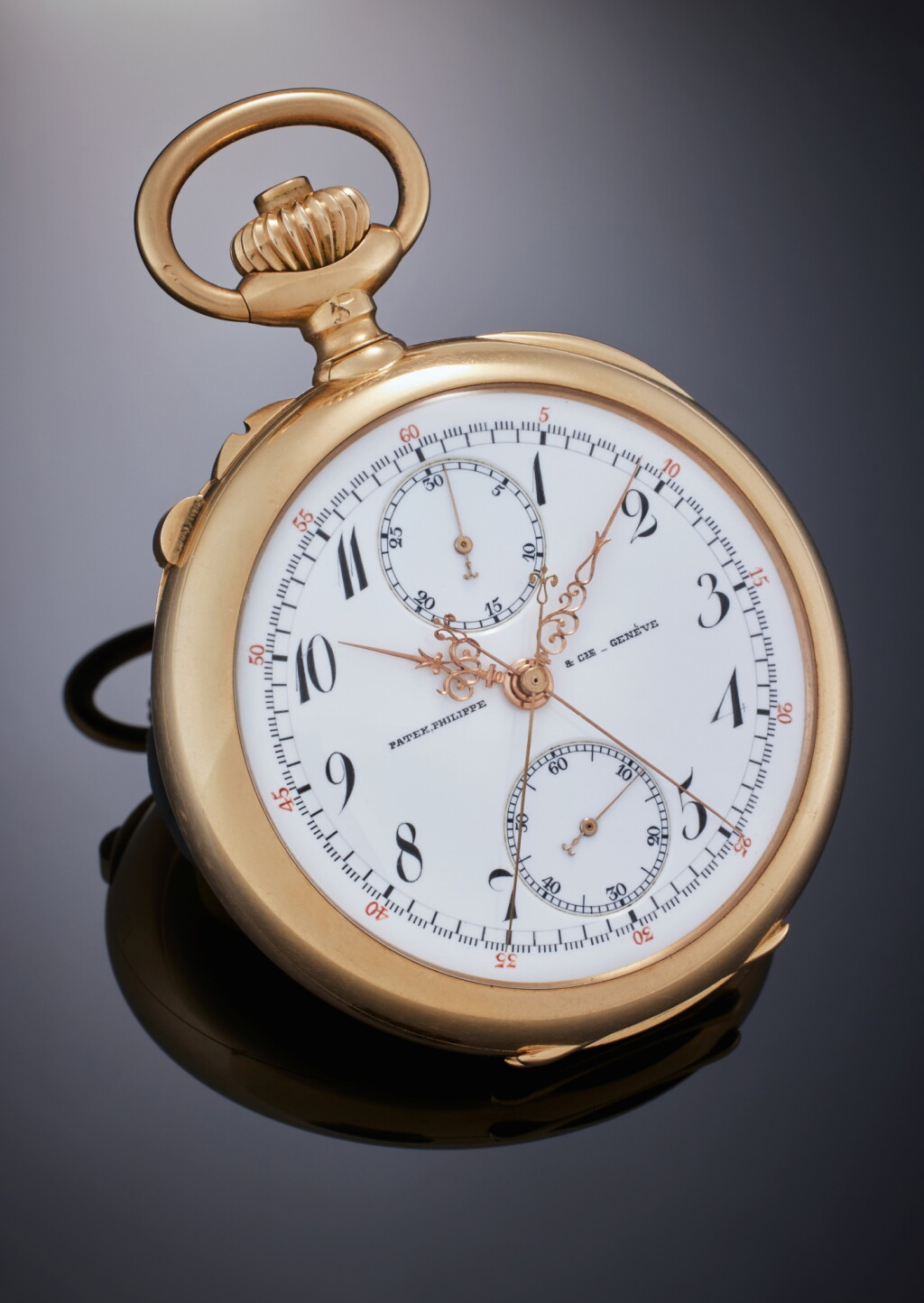 View full screen - View 1 of Lot 51. A pink gold open-faced keyless split-seconds chronograph watch with register, Mvt. 111879, Case 229811, Made in 1900 and Sold in 1904.