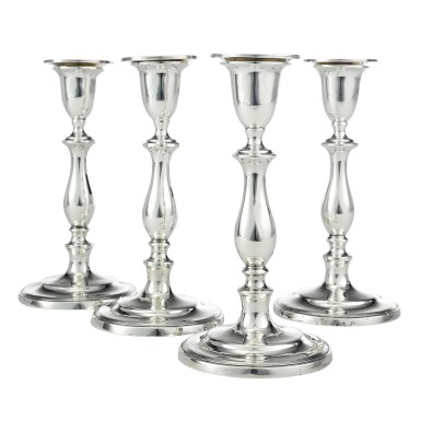 View full screen - View 1 of Lot 265. A SET OF FOUR GEORGE III SILVER CANDLESTICKS, LUKE PROCTOR & CO., SHEFFIELD, 1794.