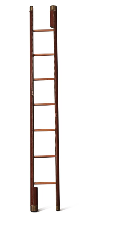 View full screen - View 1 of Lot 598. A WOOD AND LEATHER FOLDING LIBRARY LADDER.
