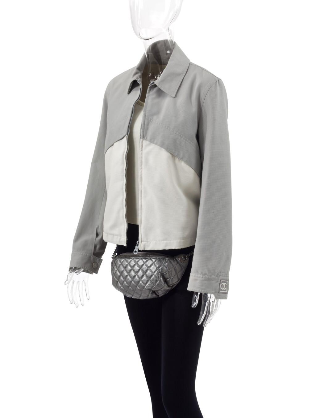 View full screen - View 1 of Lot 90. CHANEL | SILVER LEATHER QUILTED WAIST BAG, JACKET, TANK TOP AND SWIMSUIT .