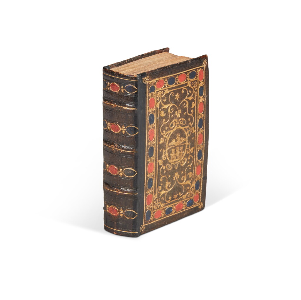 View full screen - View 1 of Lot 1810. Plutarchus, Vitae comparatae, Lyon, 1566, Roman polychrome binding by Marcantonio Guillery with Giustiniani arms.