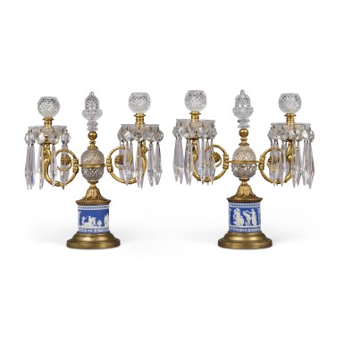 View full screen - View 1 of Lot 29. A Pair of Late George III Cut-Glass, Jasperware and Gilt-Metal Two-Light Candelabra, Circa 1800.