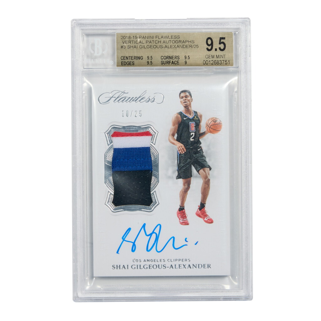 View full screen - View 1 of Lot 35. Shai Gilgeous-Alexander Los Angeles Clippers 2018-19 Panini Flawless Basketball Vertical Patch Autographs 10/25 #3 #VP-SGA BGS 9.5/10 Autograph | Rookie Card | On-Card Autograph | Game-Worn Patch.