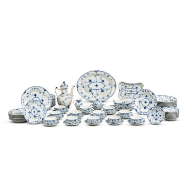 View full screen - View 1 of Lot 755. A Royal Copenhagen Porcelain Blue Fluted 'Half-Lace' Dinner and Coffee Service for Eight, Mid-20th Century.