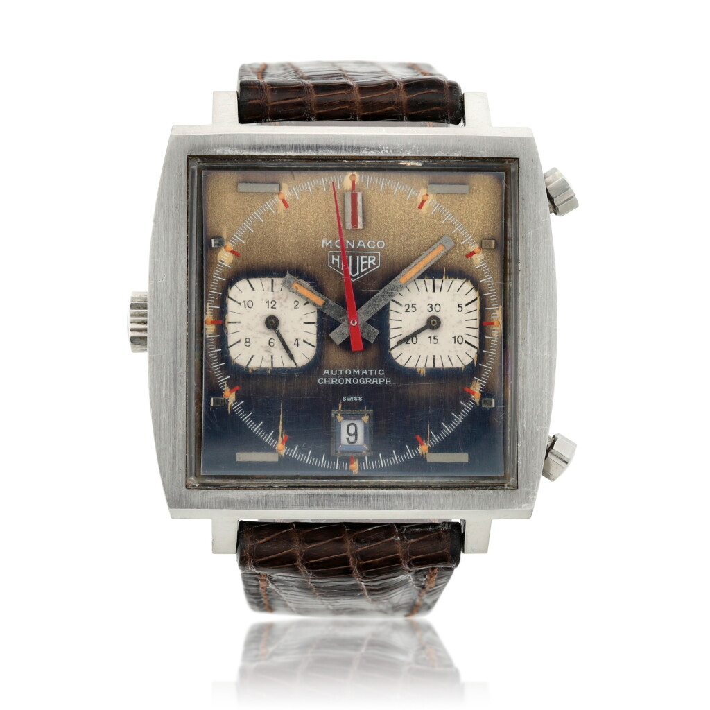 View full screen - View 1 of Lot 52. Reference 1133 Monaco, A stainless steel chronograph wristwatch with date and tropical dial, Circa 1970 .